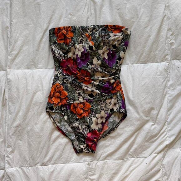 Vintage 90s y2k strapless floral tropical one piece swimsuit size 12 beach - Picture 2 of 8
